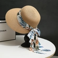 Cappello di paglia da donna a tesa larga con nastro a fiori tropicali color beige - Nastro Cachi (D-316)