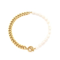 Elegant gold Cuban chain and white pearl necklace with OT toggle clasp on white background - Freshwater Pearl Splicing Thick Choker Necklace