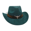 Dark green faux suede cowboy hat featuring a silver bull head and braided band - Dark Green