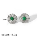 Detalle de pendientes de espiral plateados con gemas verdes, incluye tamaño y peso - Estilo Ágata Verde Plateada