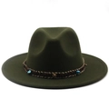 Dark green wide brim fedora hat with bohemian woven band and turquoise stone accent - Army Green