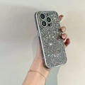 Macro detail of sparkly rhinestone texture and metal frame on the iPhone 17 case - Gray