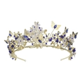 Goldene Brautkrone mit Schmetterlingen, Blumen, blauen Kristallen und weißen Perlen - Blau