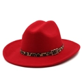 Cappello fedora rosso in feltro con fascia leopardata e fibbia dorata stile western - M(56-58cm) / Rosso