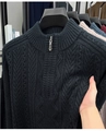 Men's black cable knit sweater with stand collar and half-zip design in a textured finish - M / Gray