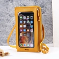Sacoche de téléphone jaune en cuir avec fenêtre tactile transparente et bandoulière - Jaune