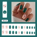 Retro emerald green and floral press-on nails set with 24 medium-length square tips - W534 Retro Green Leaves [Glue Style]