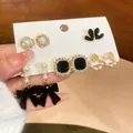 Set of 5 pairs of vintage French pearl earrings with enamel flowers and crystal accents - 2# Gold Black Set (5 Pairs) / 5 Pairs Set