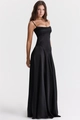 Close-up of the elegant black satin fabric and fine strap detail on a backless maxi dress - S / Black Solid
