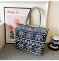 Large navy canvas tote bag with white elephant print and geometric ethnic patterns - Blue Elephant