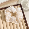 White tulle floral scrunchie with gold polka dots and bow on a velvet jewelry tray - Yellow Polka Dot Bow