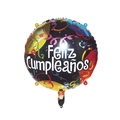 Black 18-inch round foil balloon with colorful confetti and white Feliz Cumpleaños text - Black Background Ribbon Round Spanish Birthday Balloon