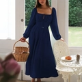 Navy blue square neck puff sleeve dress with drawstring waist and tiered A-line skirt - S / Navy Blue