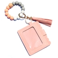 Pink silicone bead wristlet with PU leather card holder and tassel keychain charm - Pink