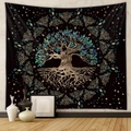 Bohemian Tree of Life wall tapestry featuring gold and cyan patterns on a black backdrop - Gt525-7