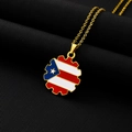 Detailed macro view of Puerto Rico flag pendant with gold chain on black mesh - Gold Necklace D (Gear Shape)