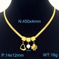 Golden titanium steel snake chain necklace with heart, pearl, and flower charms - Heart Pearl Clover Necklace (KN233831)