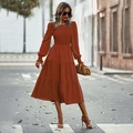 Vestido midi caramelo con corpiño elástico y manga larga para vacaciones casuales - M / Rojo óxido