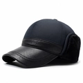 Winter bomber hat for men in navy blue with ear flaps and thick black plush lining - Adjustable / Navy Blue