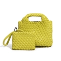 Mini gelbe handgewebte Leder-Tragetasche im Set mit passender kleiner Clutch-Tasche - Zitronengelb