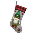 Detail of Christmas stocking featuring a green gnome doll with reindeer antlers and plaid cuff - Gray