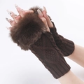 Dark brown knitted fingerless gloves with faux fur trim and classic cable knit texture - Coffee