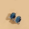 French vintage style oval deep blue crystal earrings with intricate silver setting - Blue (Silver)