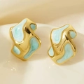 Irregular fluid-style gold stainless steel stud earrings with blue marbled drip oil inlay - Gold + Jade Green