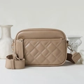 Quilted beige crossbody square bag with gold hardware and wide fabric shoulder strap - Apricot