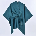 Elegant dark green wool shawl with front tie knot design and fringe trim on white background - Solid Color Tassel Tie / Lake Blue