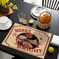 Tovaglietta natalizia con scritta Merry Bright su un tavolo rustico in legno - CD43-2/Merry Bright/Lino Impermeabile