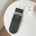 Dark grey cotton crew socks with white stripes and a small embroidered smiley face - Double Stripe Smile Style (lm) / Dark Gray
