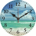 Silent wall clock with a vintage wooden design featuring a scenic beach and ocean motif - Deep Sea Blue