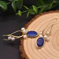 Lapis lazuli and pearl wire-wrapped gold drop earrings with vintage natural style - Lapis Lazuli Earrings (Same as Main Photo)