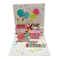 Biglietto auguri 3D pop-up con torta colorata e palloncini su sfondo bianco - Biglietto regalo di compleanno / Blu Rosa