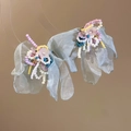 Detailed macro view of elegant light blue chiffon flower earrings with colorful crystal beads - Mesh Petal Handmade Seed Bead Tassel Silver Earring Post (60#) / Cyan-Multicolor