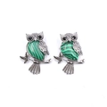 Vintage owl pendant with green malachite stone inlay and crystal eyes in silver finish - Malachite (Synthetic)