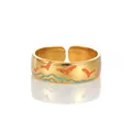 Detail of adjustable gold ring featuring orange bird and blue wave enamel patterns - Zj142