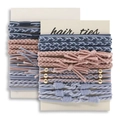 Close-up of hand-woven hair ties with gold beads and knots on paper card display - Blue & Pink Set 12Pcs