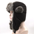 Unisex black windproof trapper hat with grey faux fur lining and adjustable chin strap - XL (58-60cm) / Coffee