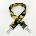 Close-up of camouflage woven strap with olive green and gold metallic threads and silver hooks - Army Green Gold Thread + Silver Buckle