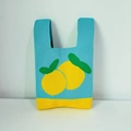 Blue knitted strawberry tote bag with contrasting yellow base and lemon pattern - Light Blue Kumquat