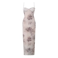 Sexy satijnen slipdress met bloemen- en luipaardprint op een witte achtergrond - S / Tan