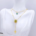 Golden layered necklace featuring turquoise stone, Virgin Mary medal, and cross pendant - Color Portrait Necklace