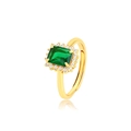 Anillo dorado ajustable con gema verde talla esmeralda y halo de cristales claros - Abierto Ajustable / Chapado en Oro de 24K-Verde Esmeralda
