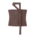 Brown sequin embroidered halter neck crop top with star patterns and long ties - XS / Tops / Dark Brown