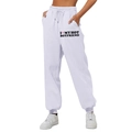 White high-waisted joggers with drawstrings and black slogan print on the leg - S / Bottoms / White