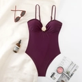 Slim fit deep purple one-piece swimsuit with golden scallop accessory and thin straps - S / Purple