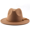 Close-up of camel wide brim cowboy hat with woven leather band and fringe tassel detail - M (56-58cm) / Khaki