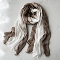 Linen cotton scarf featuring dark brown to white gradient and fringed edges - 200*95CM / Khaki & White Gradient
